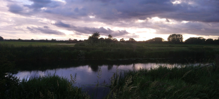A calm river flows through tall grass and reeds under a cloudy sky at sunset, with trees and fields visible in the distance and the sun peeking through the clouds.