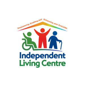Logo of Independent Living Centre showing three stylised figures: one in a wheelchair, one standing with raised arms, and one with a cane, beneath a roof shape with the words "Empowering, Enabling and Enhancing your Everyday.